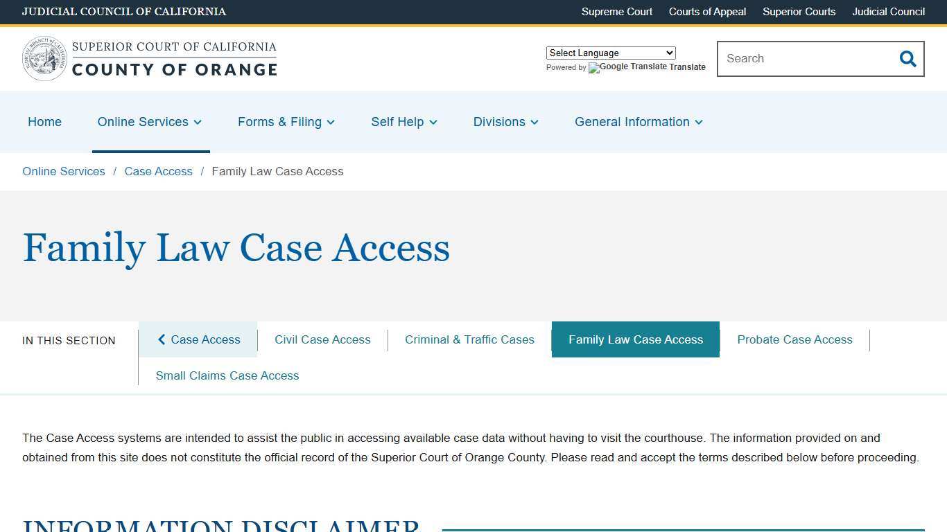 Family Law Case Access Superior Court of California County of Orange